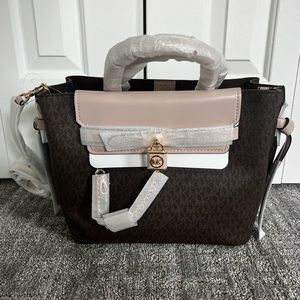 NWT MICHAEL KORS Hamilton Legacy Large Logo Belted Satchel brown logo/blush
